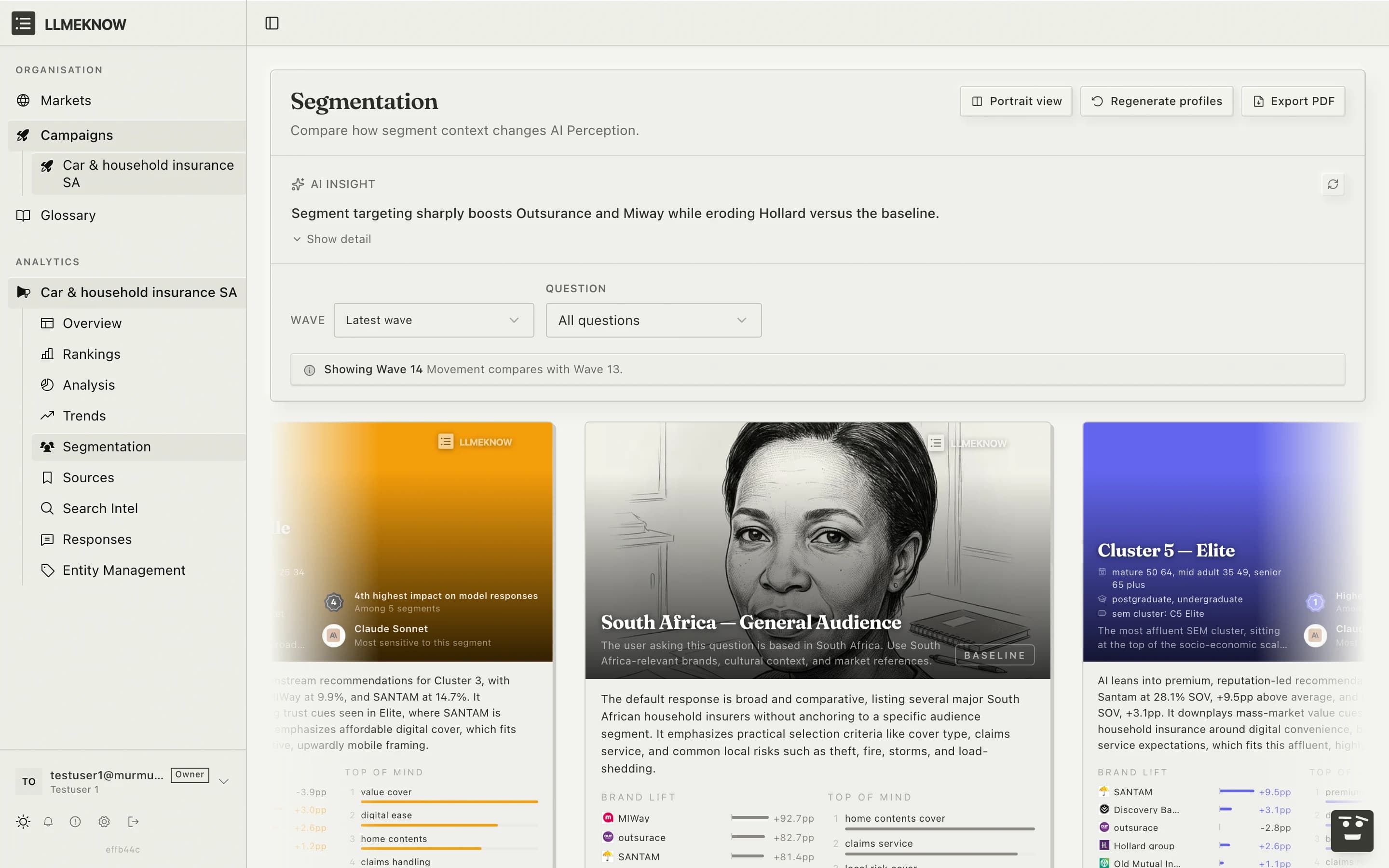 Segmentation page showing audience profile cards with brand lift and top-of-mind shifts per segment